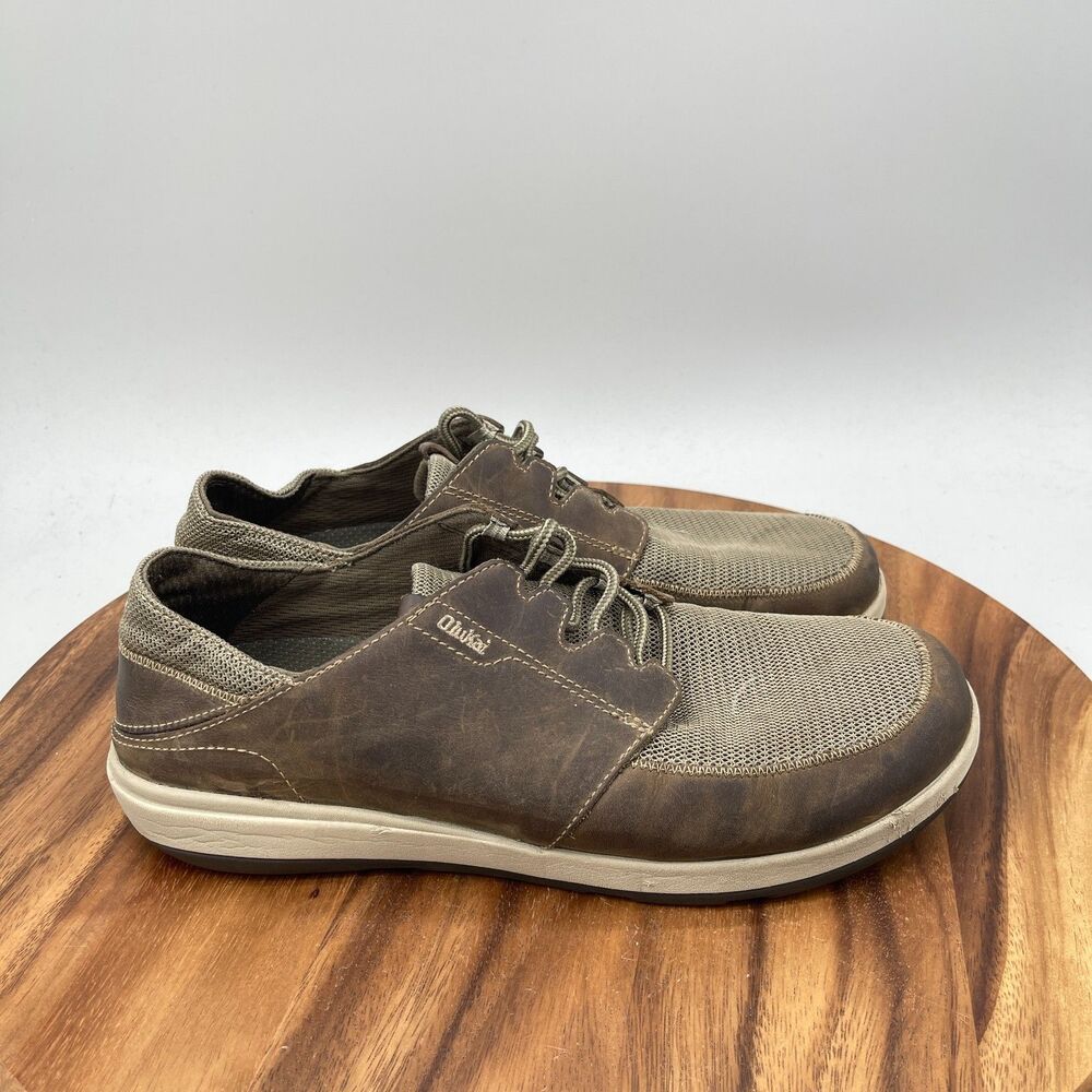 Olukai Makia Lace Shoes Mens Size 10.5 Brown Leather Casual Comfort Sneakers